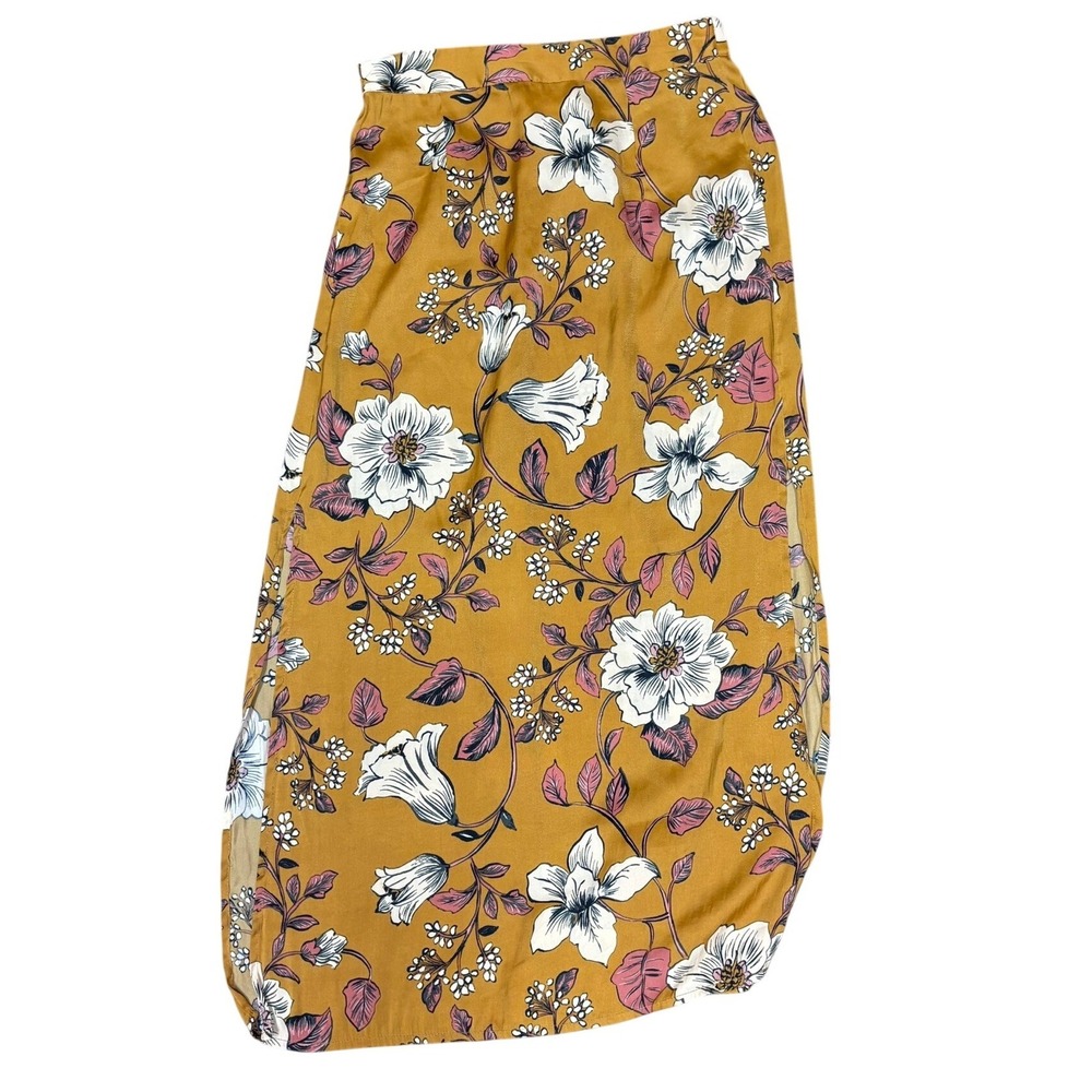 Saltwater Luxe Cottagecore Boho Floral Mustard Yellow Side Slit Midi Skirt XS